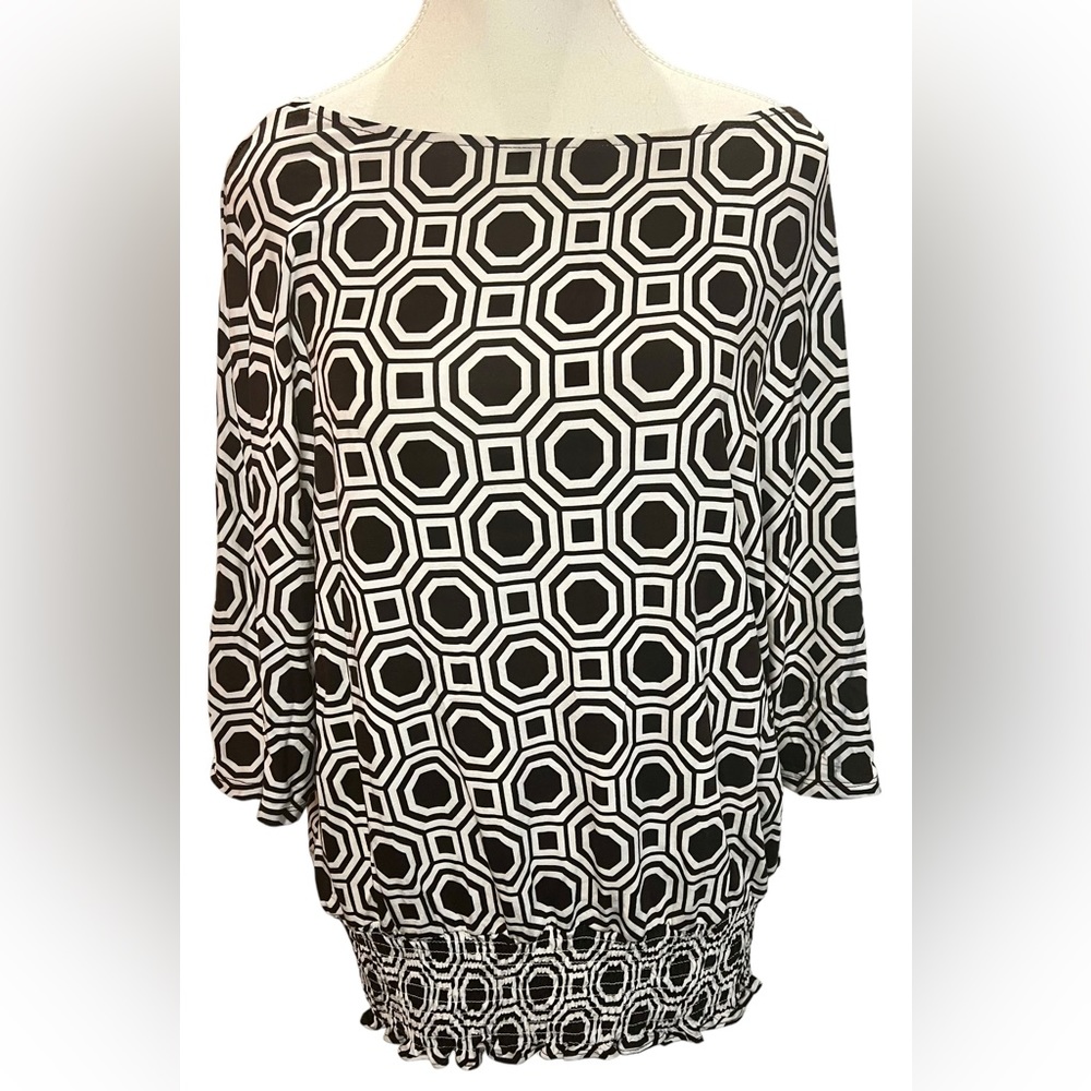 MICHAEL KORS Brown & White Dolman Sleeve Top Geometric Ruched Blouse Size L